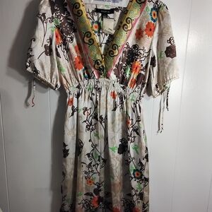 Floral V-Neck Silk  Dress with Elastic Waist